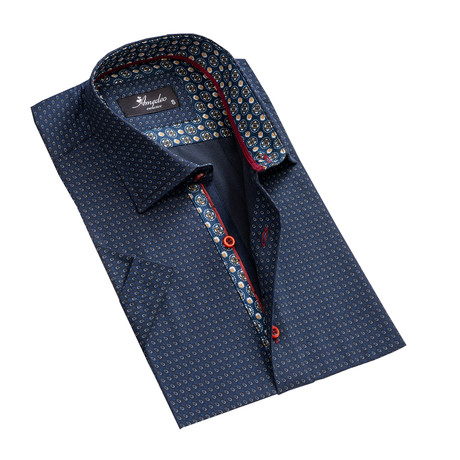 Amedeo Exclusive // Circle Print Short Sleeve Button Down Shirt // Navy Blue (S)