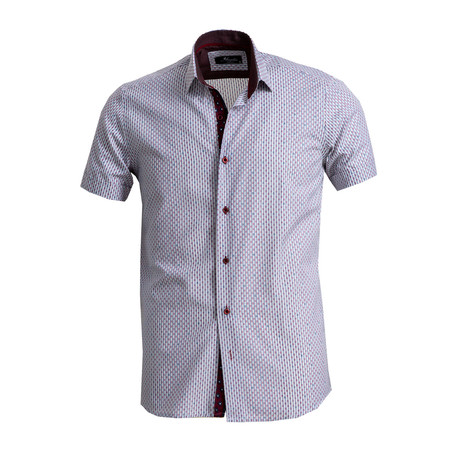 Short Sleeve Button Down Shirt // Beige + Burgundy (L)