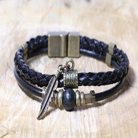 Feather Charm Leather Bracelet // Black + Gold