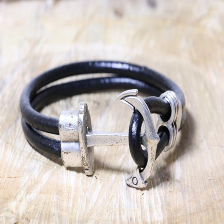 Anchor Leather Bracelet // Black + Gray