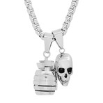 Stainless Steel Skull + Grenade Pendant Necklace // Silver