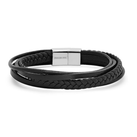 Layered Braided Leather + Stainless Steel Bracelet // Black + Silver