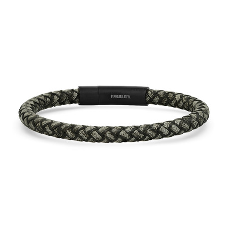 Braided Black/Gray Leather w/ Black Ip Stainless Steel Clasp Bracelet