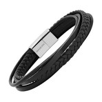 Layered Braided Leather + Stainless Steel Bracelet // Black + Silver