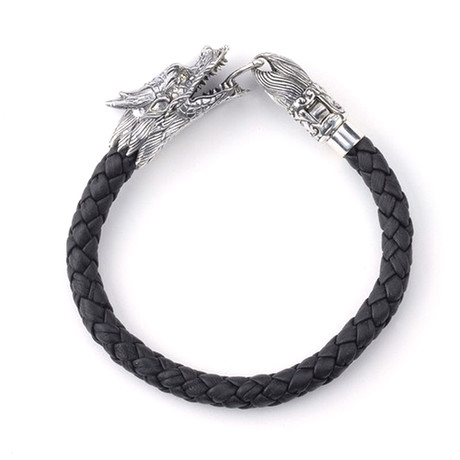 Dragon Leather Bracelet // Silver + Black (7" // 26.6g)