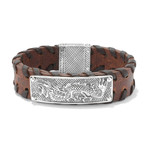 Dragon Design Leather Bracelet // 8mm //  Silver + Brown
