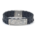 Dragon Design Leather Bracelet // 8mm // Silver + Black