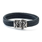 Leather Fleur De Lis Bracelet // Silver + Black