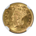 1873 Indian Princess $1 Gold Piece, Open 3, NGC & CAC Certified MS64