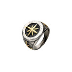 Oxidized Anchor + Compass Signet Ring // Steel + Gold (Size 9)