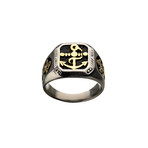 Oxidized Anchor Signet Ring // Steel + Gold (Ring Size: 9)
