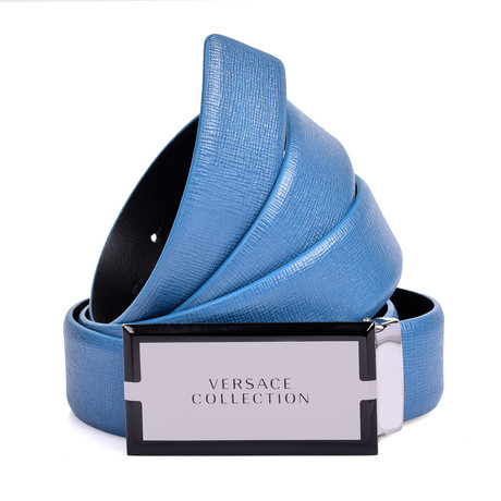 Versace Collection // Leather Belt // Blue + Nickel