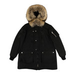 Men's Faux Fur Hood Long Parka Coat // Black (M)