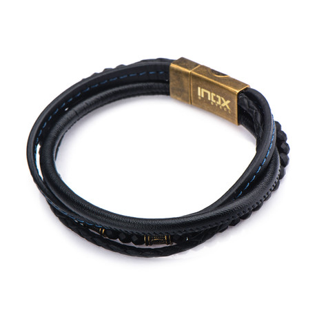 Leather + Hematite Beads Bracelet (Brown + Gold)