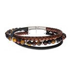 Tiger Eye Beads + Braided Leather Layered Bracelet (Brown)