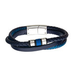 Stainless Steel Plated Beads + Leather Layered Bracelet // Blue