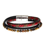 Tiger Eye Beads + Leather Layered Bracelet // Brown + Red