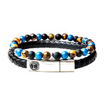 Leather + Tiger Eye Stackable Bracelet Set (Blue + Yellow)