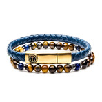 Leather + Tiger Eye Stackable Bracelet Set (Blue + Yellow)