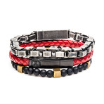 Gunmetal + Hematite + Leather Stackable Bracelet Set // Red + Black + Steel