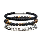 Leather + Bead + Chain Bracelet Set // Black + Brown + Silver