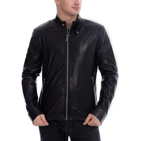 Robert Leather Jacket // Navy Blue (XS)