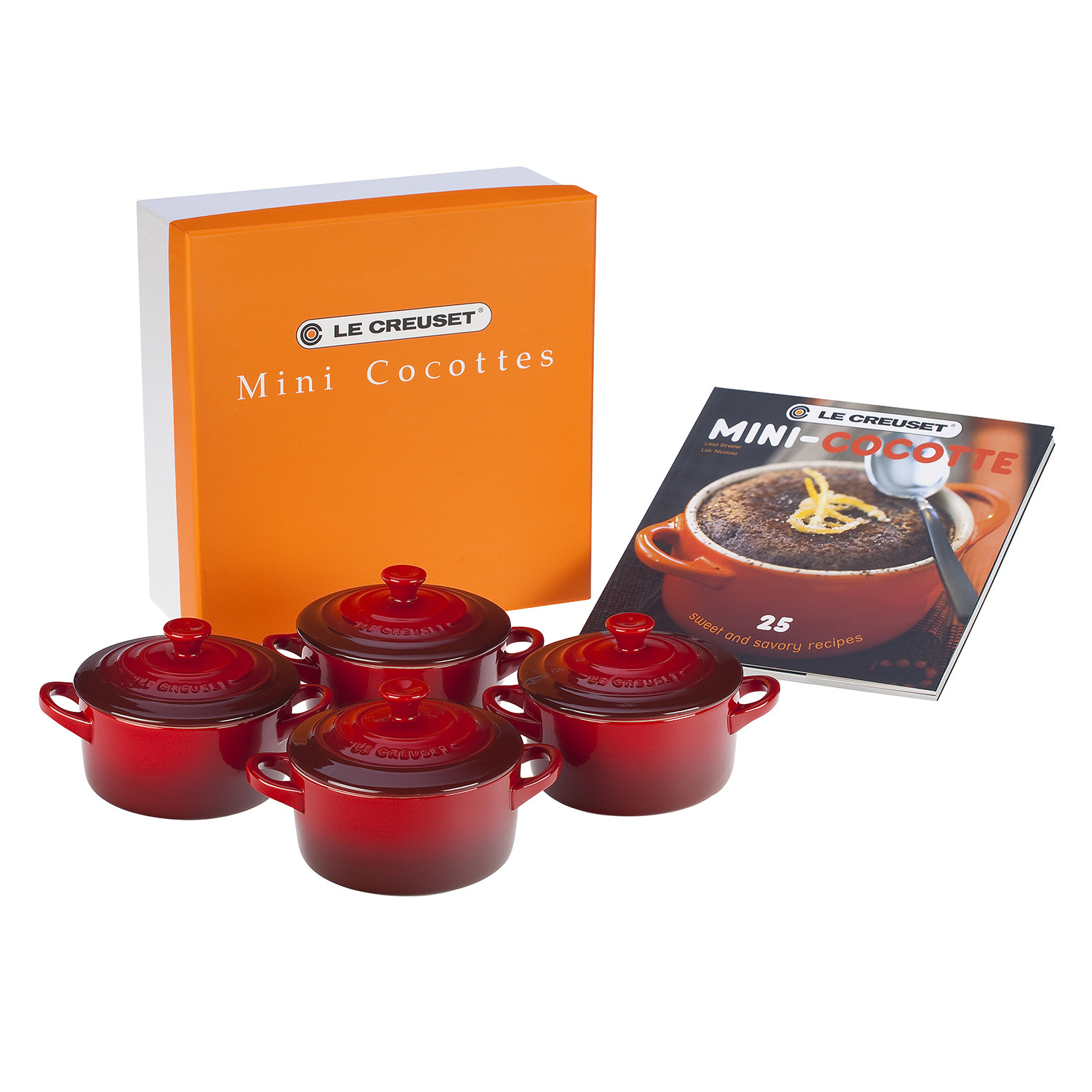 Set of 4 Cocottes + Mini-Cocotte Cookbook (Flame (DISC)) - Le Creuset ...