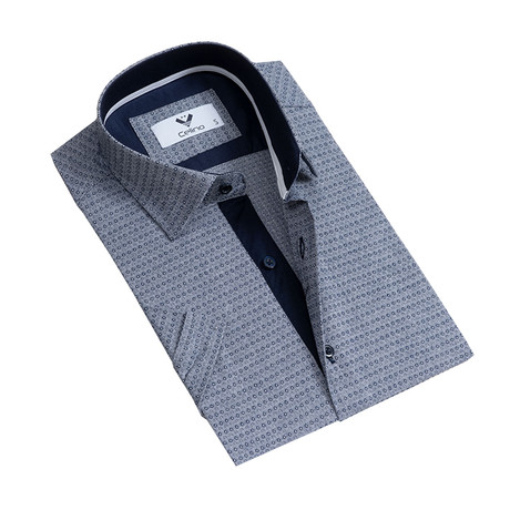 Short Sleeve Button Up Shirt // Blue + Gray Circles (S)