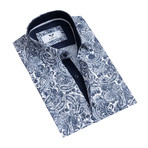 Short Sleeve Button Up Shirt // White + Navy Blue Paisley (L)