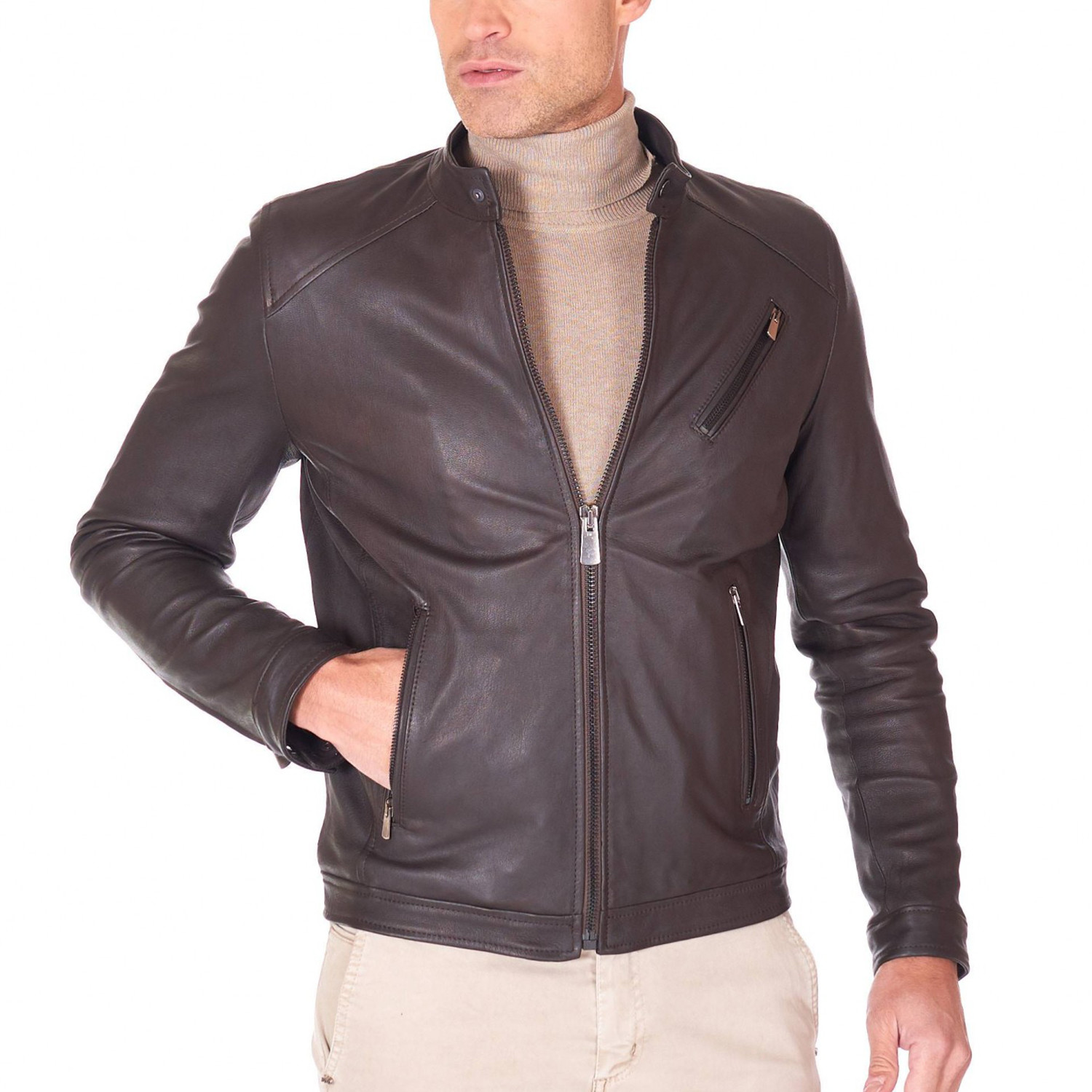 Carson Biker Leather Jacket // Brown (Euro: 50) - D'Arienzo collezioni ...