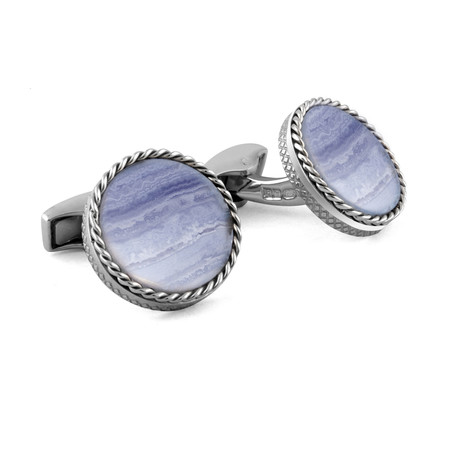 Silver Round Cable Disc Cufflinks // Silver + Blue Agate