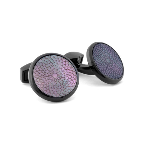 Rotondo Guilloche' Cufflinks // Stainless Steel + Black Mother of Pearl