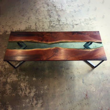 River Series Dining Table // Walnut + Green Glass + Steel