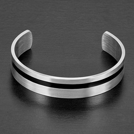 Stainless Steel Black Stripe Cuff Bracelet // Black + Silver