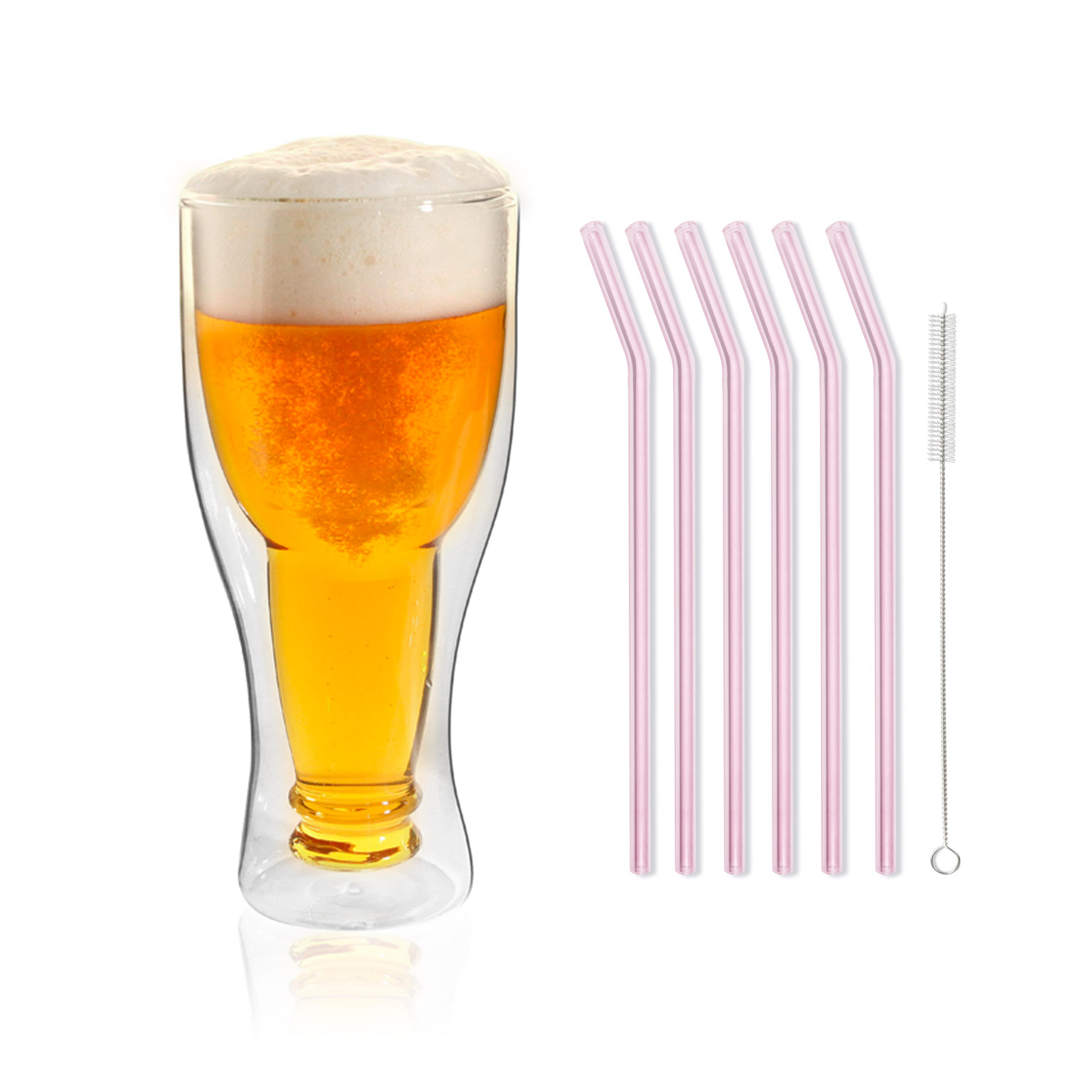 Amo Set Of 6 350ml Double Wall Beer Glasses 9 Glass Straws Pink Vialli Design 6646