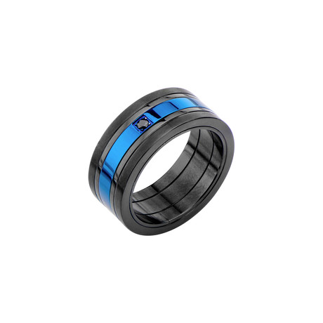 Stainless Steel + CZ Stripe Ring // Blue + Black (Size 9)