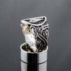 Raven Silver Ring with Wolf Ornament (10.5)