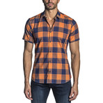 Plaid Short-Sleeve Button-Up Shirt // Orange + Navy (S)