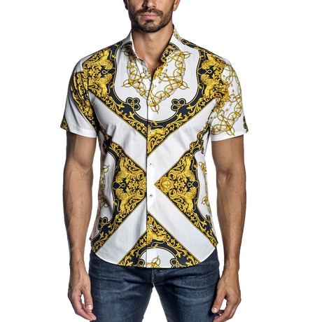 Short-Sleeve Button-Up Shirt // White + Yellow (S)