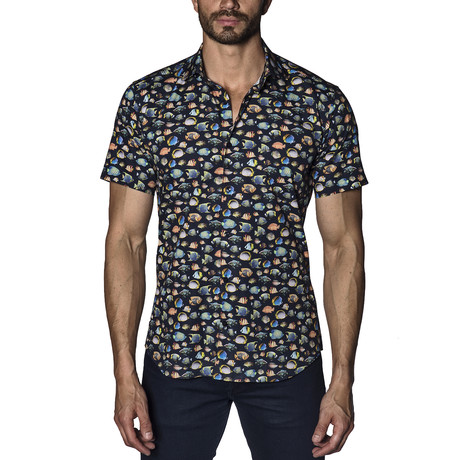 Fish Print Short-Sleeve Button-Up Shirt // Navy (S)