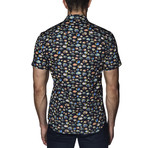 Fish Print Short-Sleeve Button-Up Shirt // Navy (S)