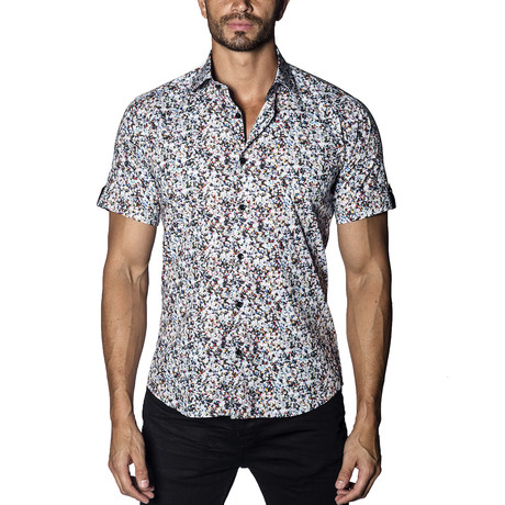 Dot Print Short-Sleeve Button-Up Shirt // White + Multicolor (S)