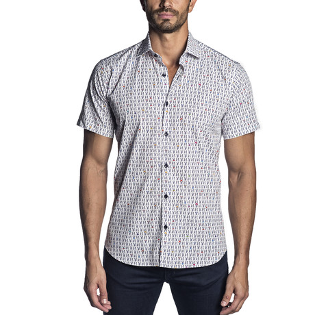 Dot Print Short-Sleeve Button-Up Shirt // White + Blue (S)