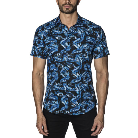 Leaf Print Short-Sleeve Shirt // Black + Blue (S)