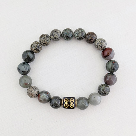 African Bloodstone + African Turquoise Bead Bracelet // Olive + Brass