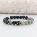 Dendritic Jasper + Moss Agate + Lava Bead Bracelet // Green + Black + Brass