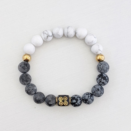 Labradorite + Snowflake + Howlite Bead Bracelet // Gray + White + Gold