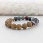 African Bloodstone + Wood Lace Bead Bracelet // Brown + Olive + Gold