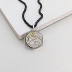 Hexagon Pendant + Round Watch Mechanism Necklace // Silver + Black