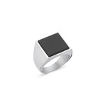 Large Square Onyx Stone Ring // White Gold Finish + Black (8.5)